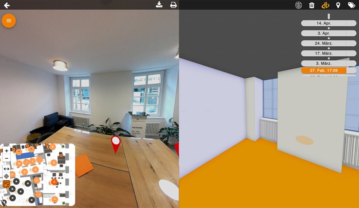 Software zeigt ein 360-Grad-Foto neben dem Grundriss mit der automatisch bestimmten Aufnahmeposition