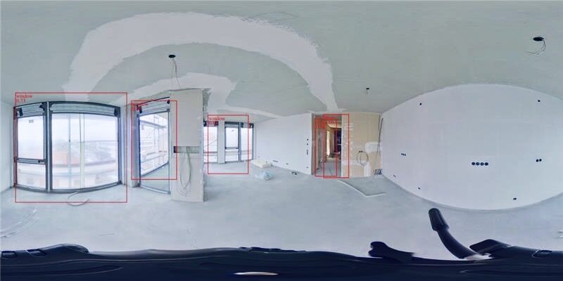 360-Grad-Aufnahme eines Rohbauraums, die KI hat Fenster und Auffälligkeiten mit Rahmen markiert